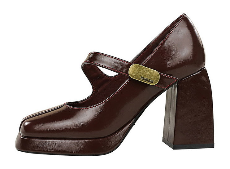 Retro Chunky Metal Buckle Platform Pumps for Women