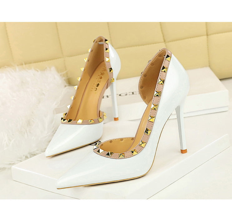 Rivet Detail Patent Leather High Heel Pumps for Women