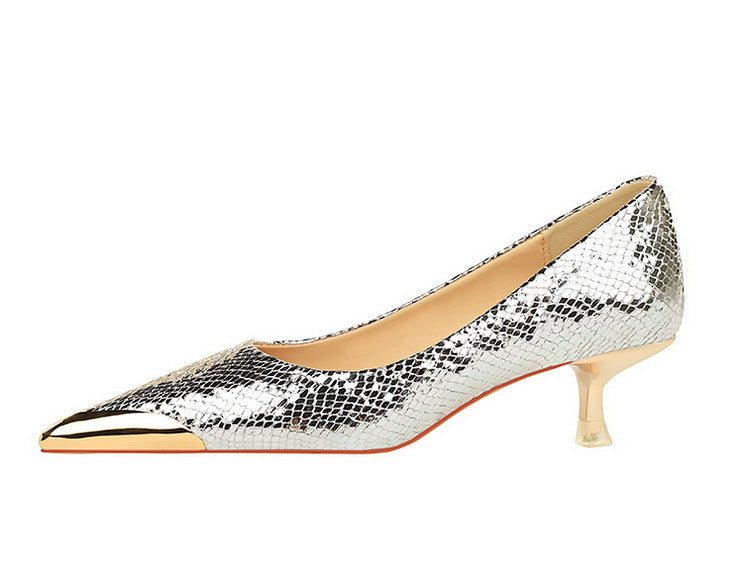Sequin Snake Pattern Pointed Toe Kitten Heel Pumps for Women