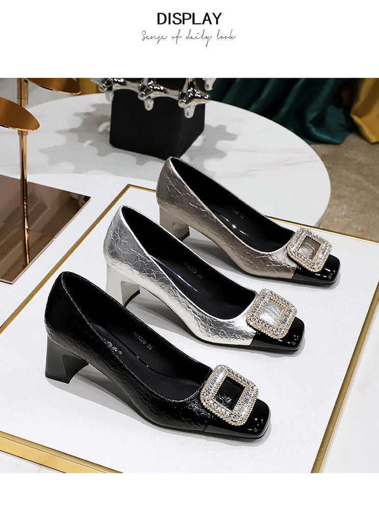 Elegant Crystal Detail Square Heel Pumps for Women