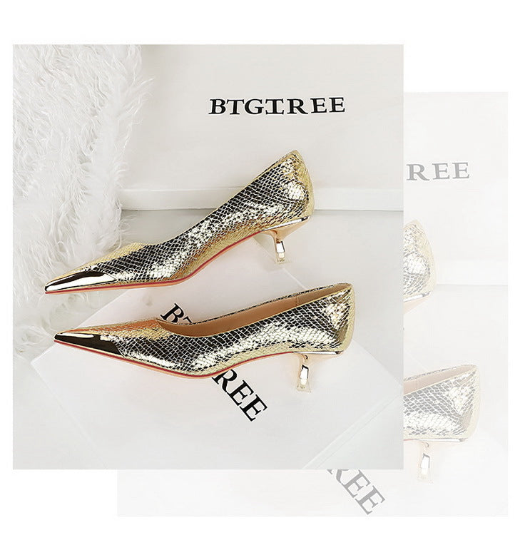 Sequin Snake Pattern Pointed Toe Kitten Heel Pumps for Women