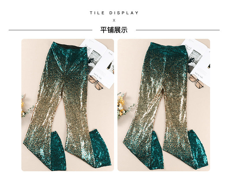 Gradient color wide leg pants for women's spring autumn new high waisted slim fitting sequin women's flared pants