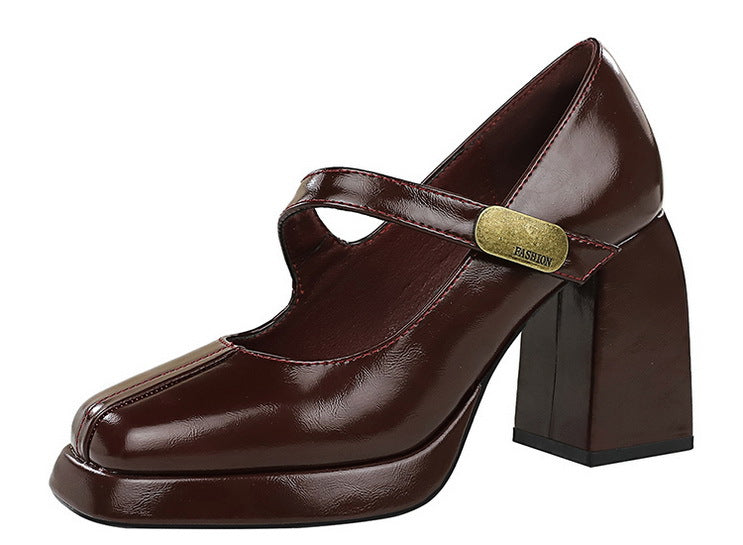 Retro Chunky Metal Buckle Platform Pumps for Women