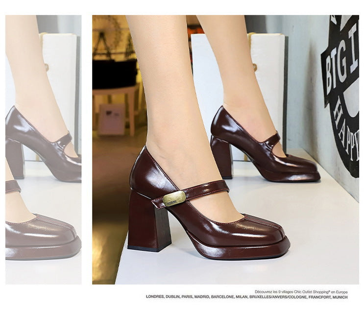Retro Chunky Metal Buckle Platform Pumps for Women