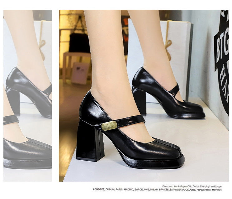 Retro Chunky Metal Buckle Platform Pumps for Women