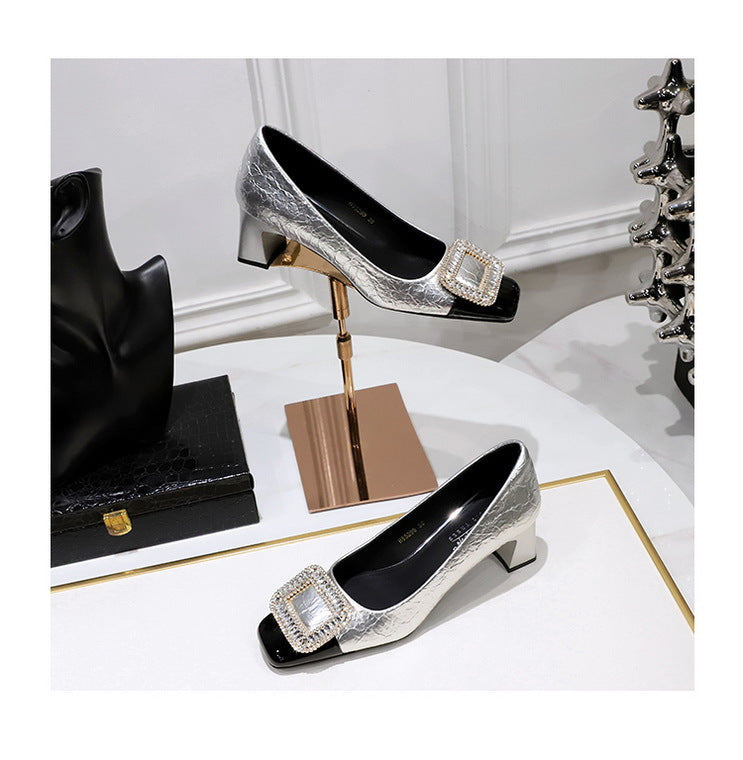 Elegant Crystal Detail Square Heel Pumps for Women