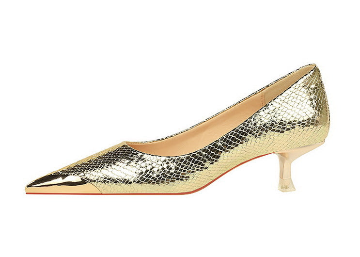 Sequin Snake Pattern Pointed Toe Kitten Heel Pumps for Women