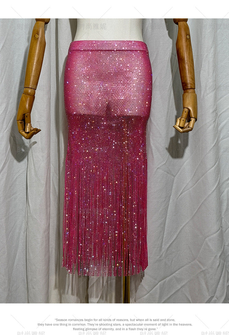 Women's Clothes High Waist Skirt Winter 2025 Early Autumn New Socialite Light Luxury Heavy Embroidery Sequins Tassel Midi Skirts