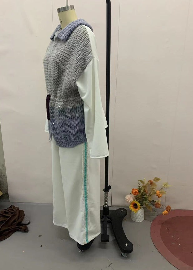 Women Elegant Pant Sets Two Piece Long Sleeve Sequins Splice Sweater Jacket Coat High Waist Side Sequin Trim Wide Leg Trousers