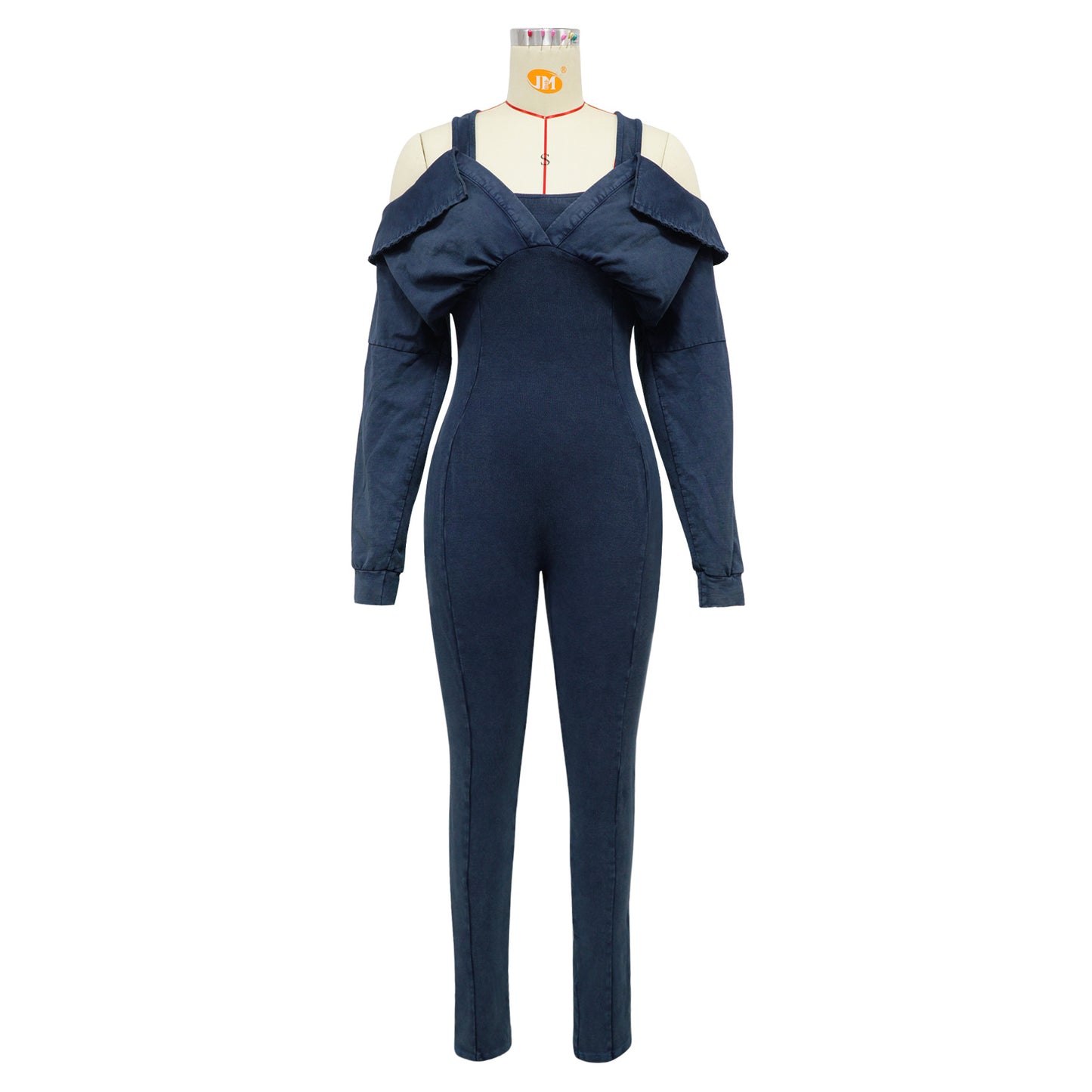 CM.YAYA Fashion Women Knit Ribbed Long Sleeve Moto Biker Jumpsuits Strap Autumn Washed Streetwear Slim One Piece Suit Romper