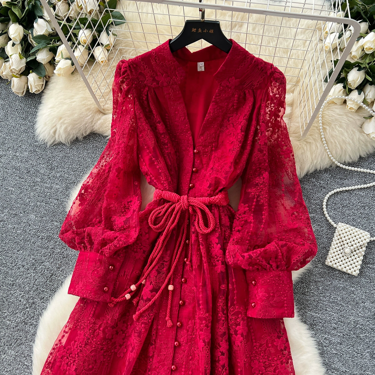 Intricate Embroidery Sash Evening Dress