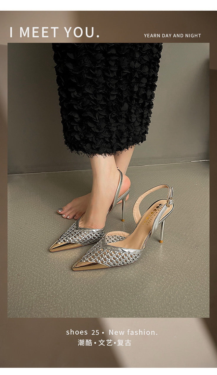 Woven Pointed Toe Slim Stiletto Heel Sandals for Women