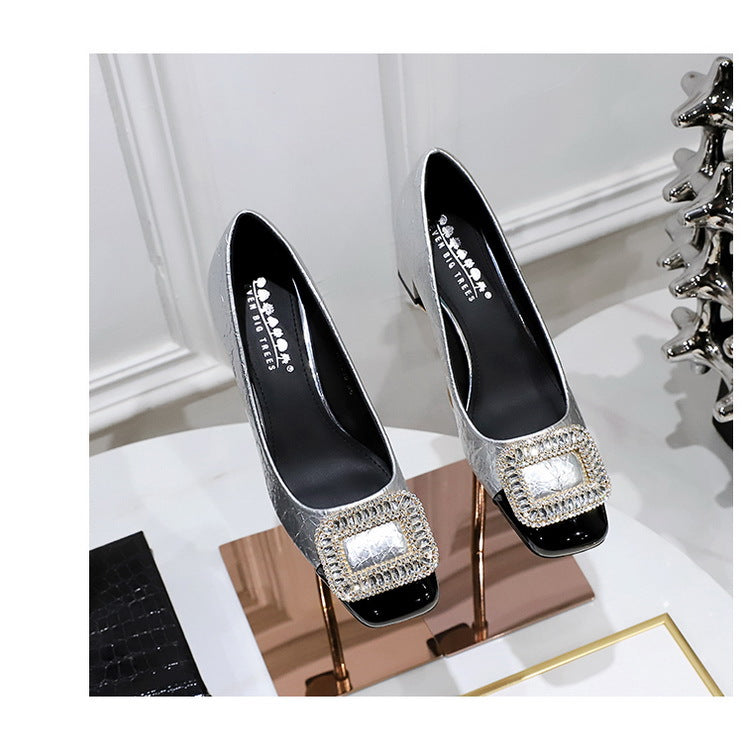 Elegant Crystal Detail Square Heel Pumps for Women
