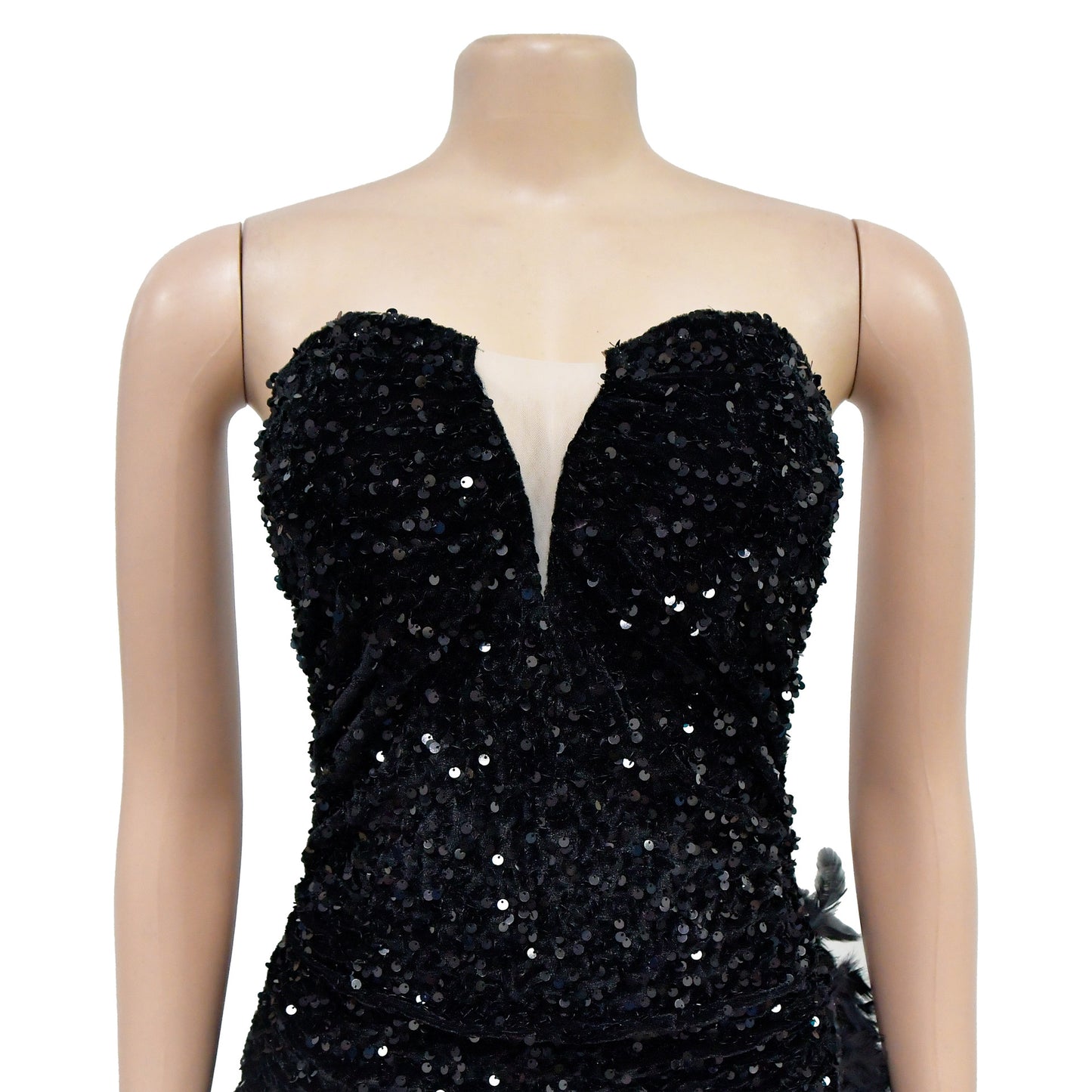 CM.YAYA Women Sequined Mesh Patchwork Strapless Feather Side High Side Split Maxi Dress 2023 Evening Sexy Long Dresses Vestidos