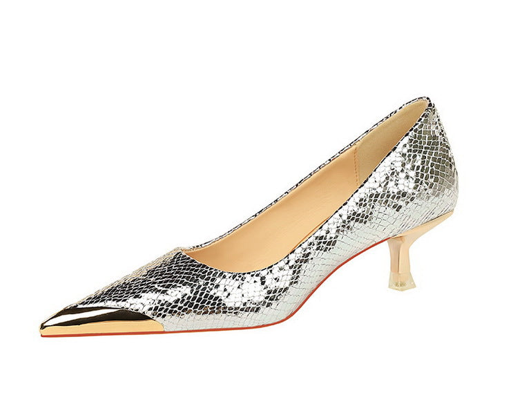 Sequin Snake Pattern Pointed Toe Kitten Heel Pumps for Women