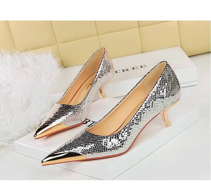 Sequin Snake Pattern Pointed Toe Kitten Heel Pumps for Women