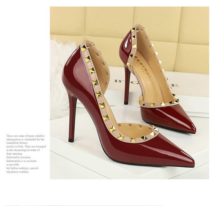 Rivet Detail Patent Leather High Heel Pumps for Women