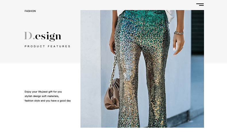 Gradient color wide leg pants for women's spring autumn new high waisted slim fitting sequin women's flared pants