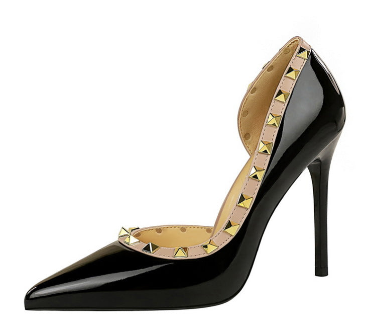 Rivet Detail Patent Leather High Heel Pumps for Women