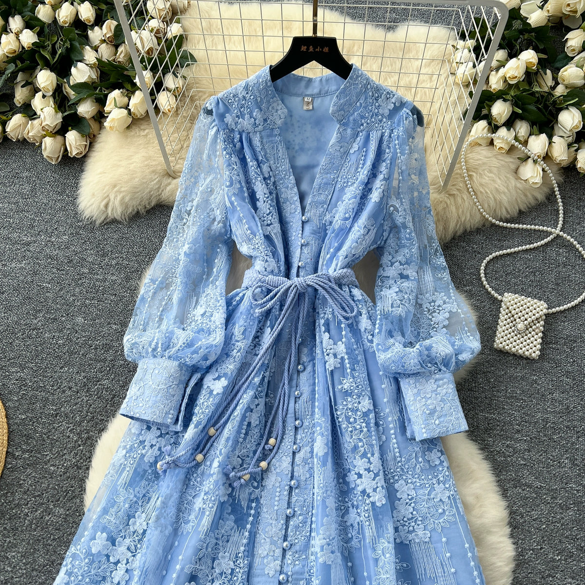 Intricate Embroidery Sash Evening Dress