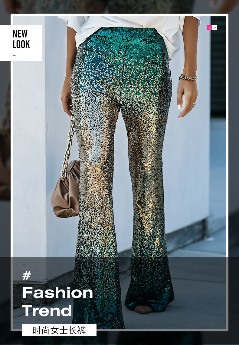 Gradient color wide leg pants for women's spring autumn new high waisted slim fitting sequin women's flared pants