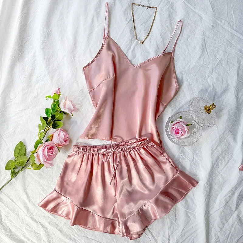 Two Piece Sets Womens Outifits Sexy Backless Camisole Shorts Thin Home Wear Fashion and Simple Pajamas Suit Y2k Summer 2024 New