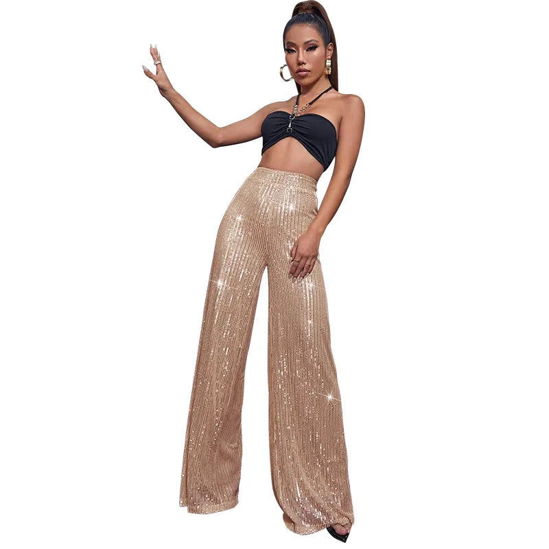 High Waist Sparkle Sequin Wide Leg Pants for Women