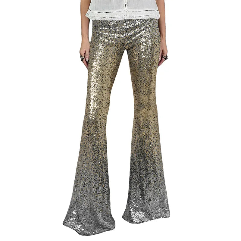 Gradient color wide leg pants for women's spring autumn new high waisted slim fitting sequin women's flared pants