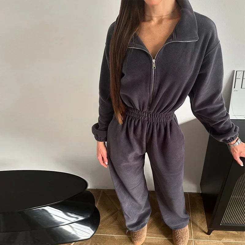 Casual Brown Stand Collar Long Sleeve Jumpsuit for Women