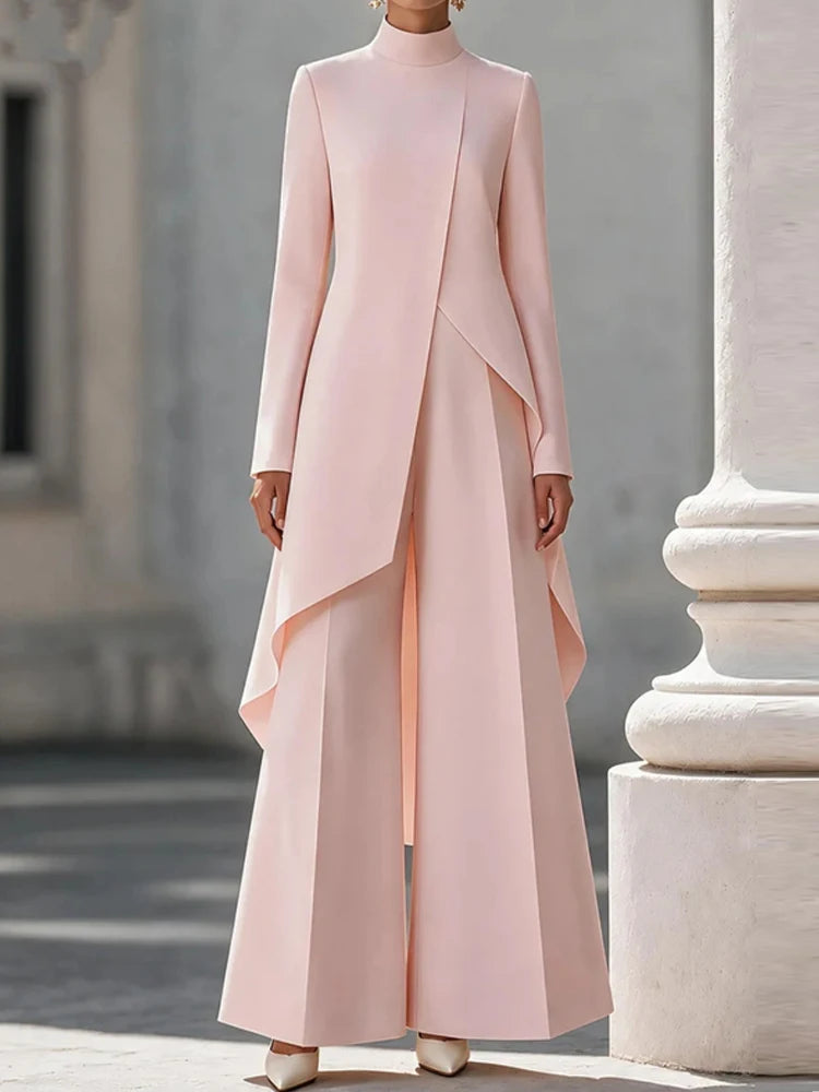Elegant Turtleneck Long Sleeve Top and Wide Leg Pants Set for Women