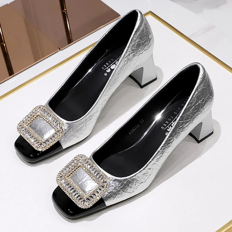Elegant Crystal Detail Square Heel Pumps for Women