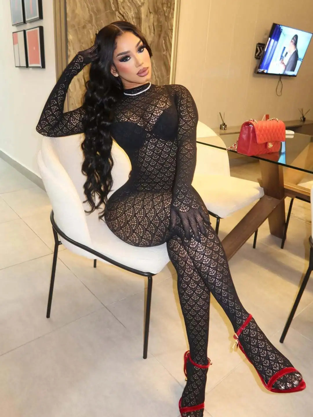 See Through Lace Hollow Out Patchwork Bodycon Jumpsuit for Women