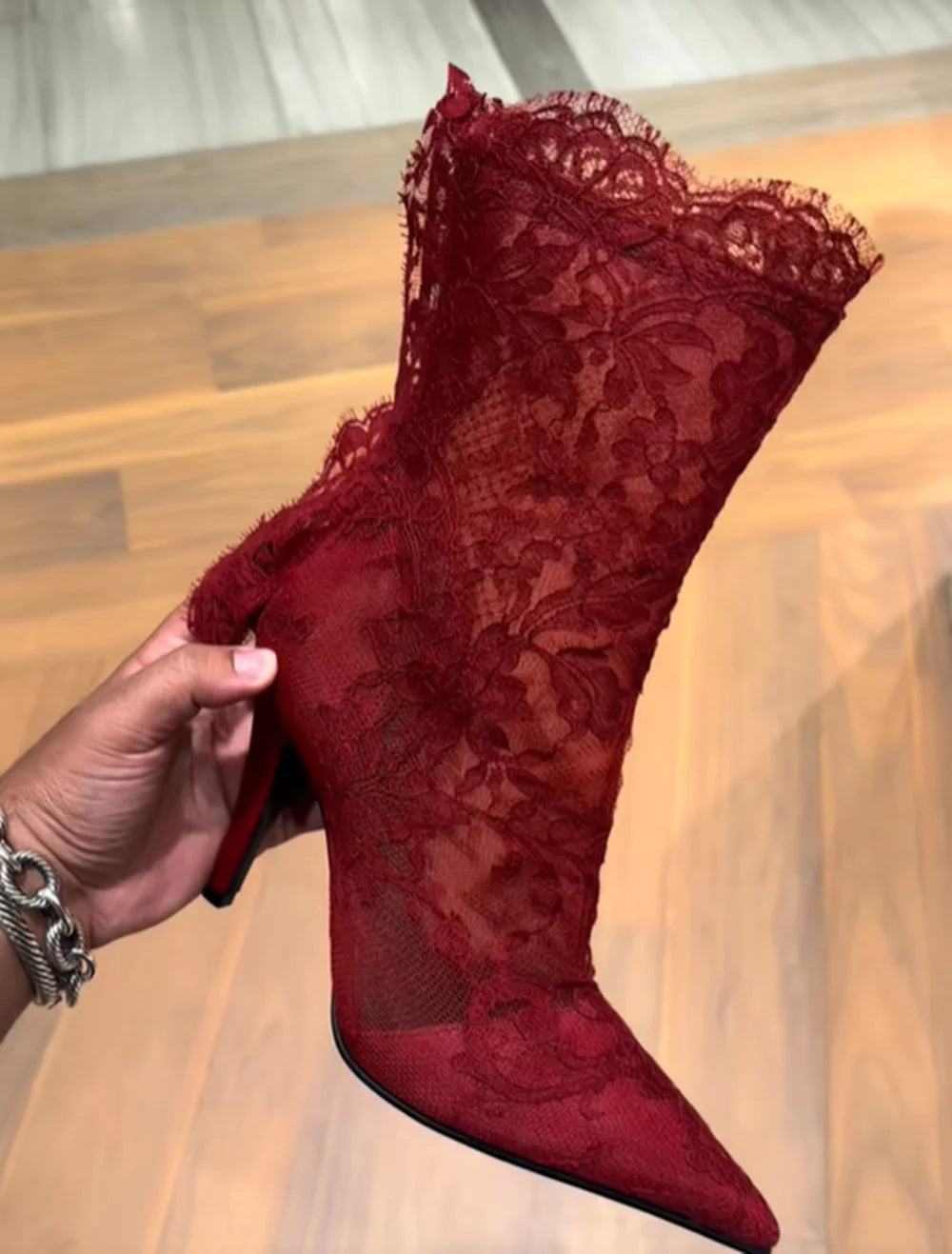 Burgundy Lace Stiletto Boots