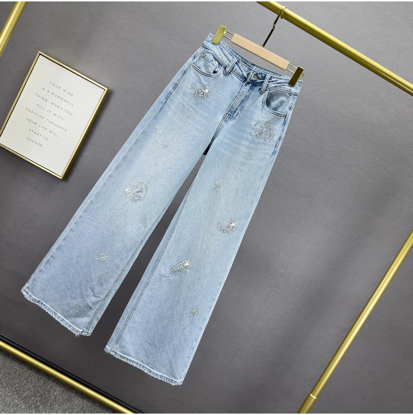 Heavy Hot Diamond Denim Loose Pants Women's 2026 Spring New Fashion High Waist Loose Slimming European Goods Long Mop Pants