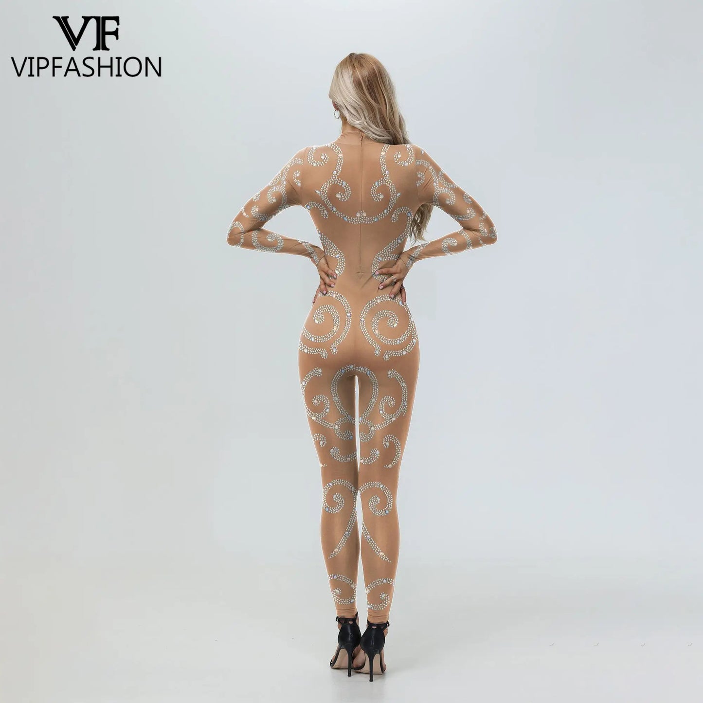 Elegant Skin Color Rhinestone Print Jumpsuit for Women