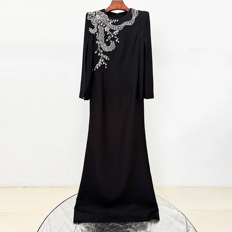HIGH STREET Newest Fashion 2026 Designer Party Vestido Women's Slit Sleeve Diamonds Beaded Maxi Long Dress