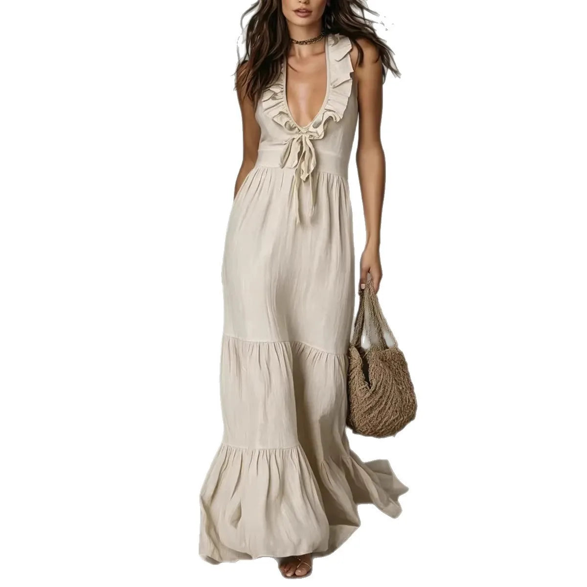 Halter V-Neck Tiered Ruffle Maxi Dress with Tie Waist for Women