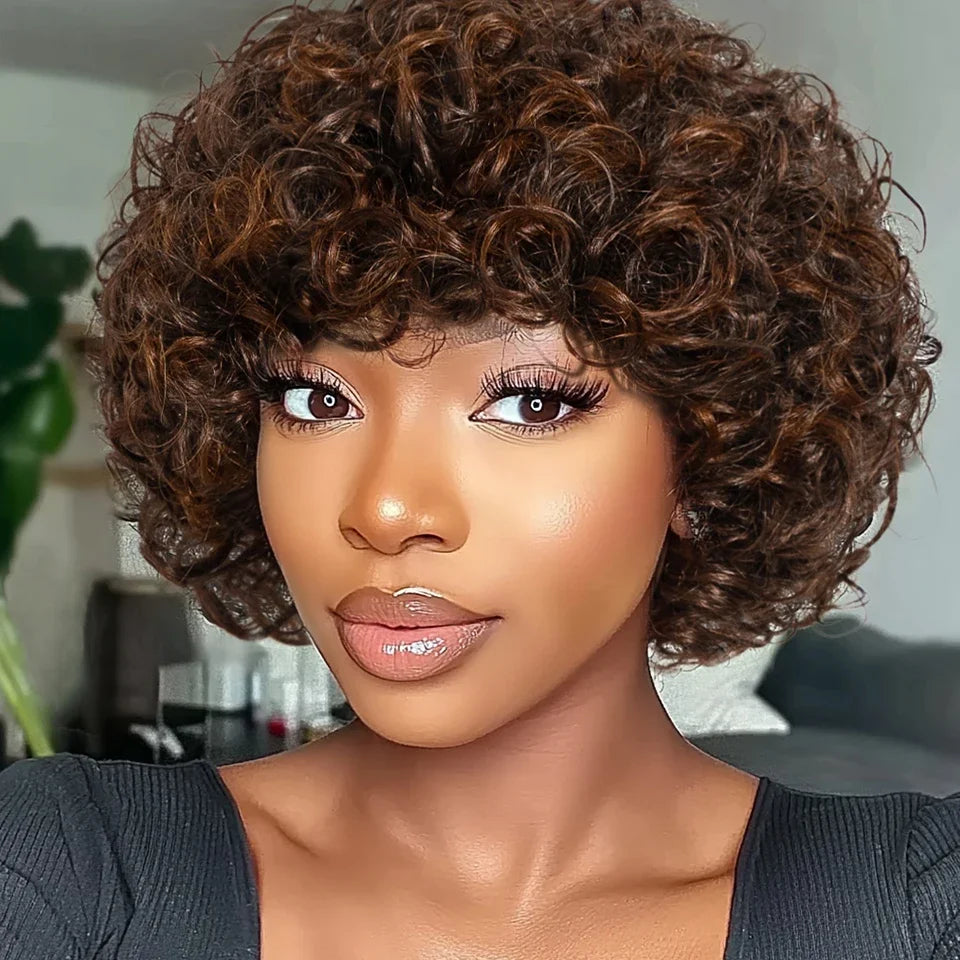 Short Kinky Curly Pixie Bob Human Hair Wig for Women