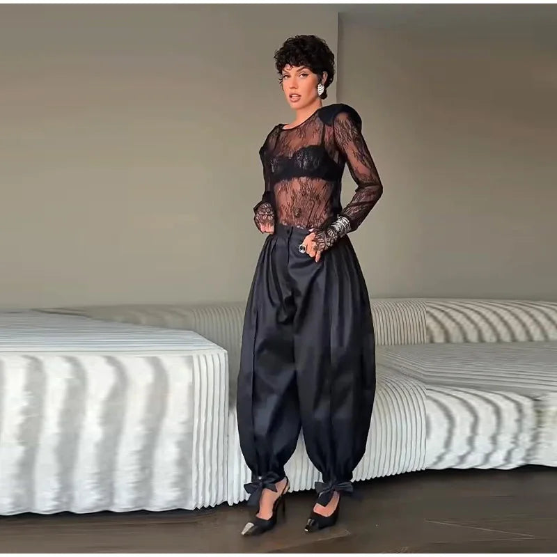 Sheer Lace Long Sleeve Blouse With Shoulder Pads for Women