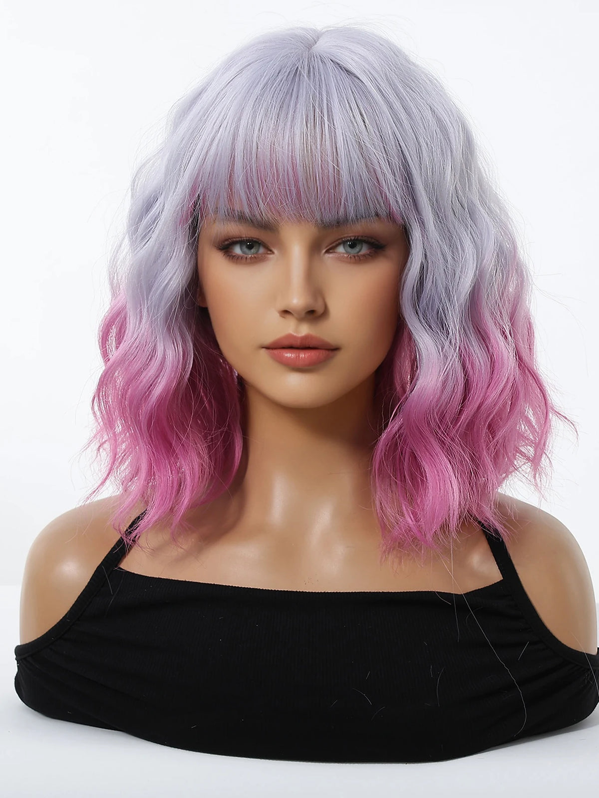 Pink Purple Ombre Curly Synthetic Wig With Bangs for Women