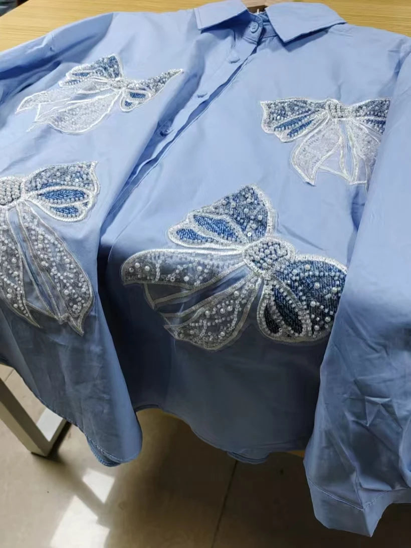 Luxury Diamonds Sequins Pearls Cotton Blouses Shirts for Women 2025 Autumn Trend Shirt Long Sleeve Tops Camisas De Mujer