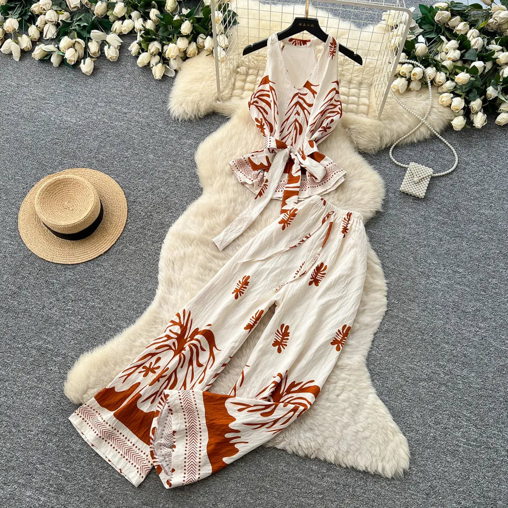 Boho Print Lace-Up Tank Top and Wide-Leg Pants Set for Women
