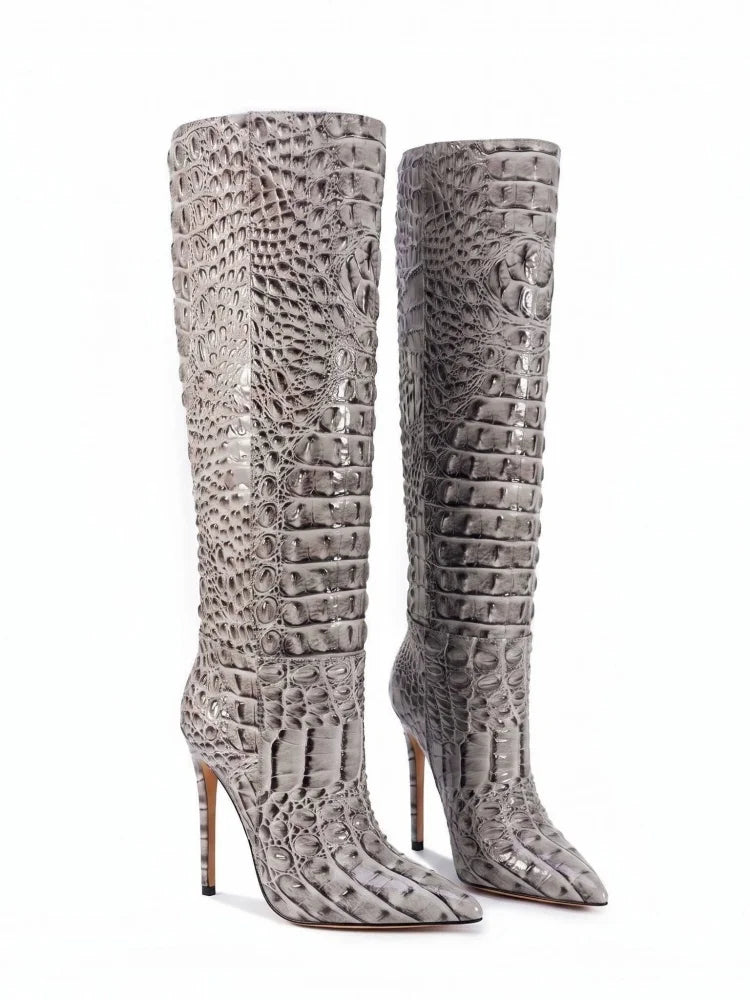 Crocodile Embossed Knee High Stiletto Boots for Women