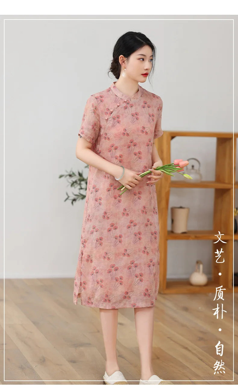 Elegant Floral Vintage Ramie Cheongsam Dress for Women