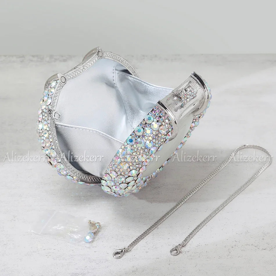 Shimmering Crystal Embellished Oval Evening Clutch for Women