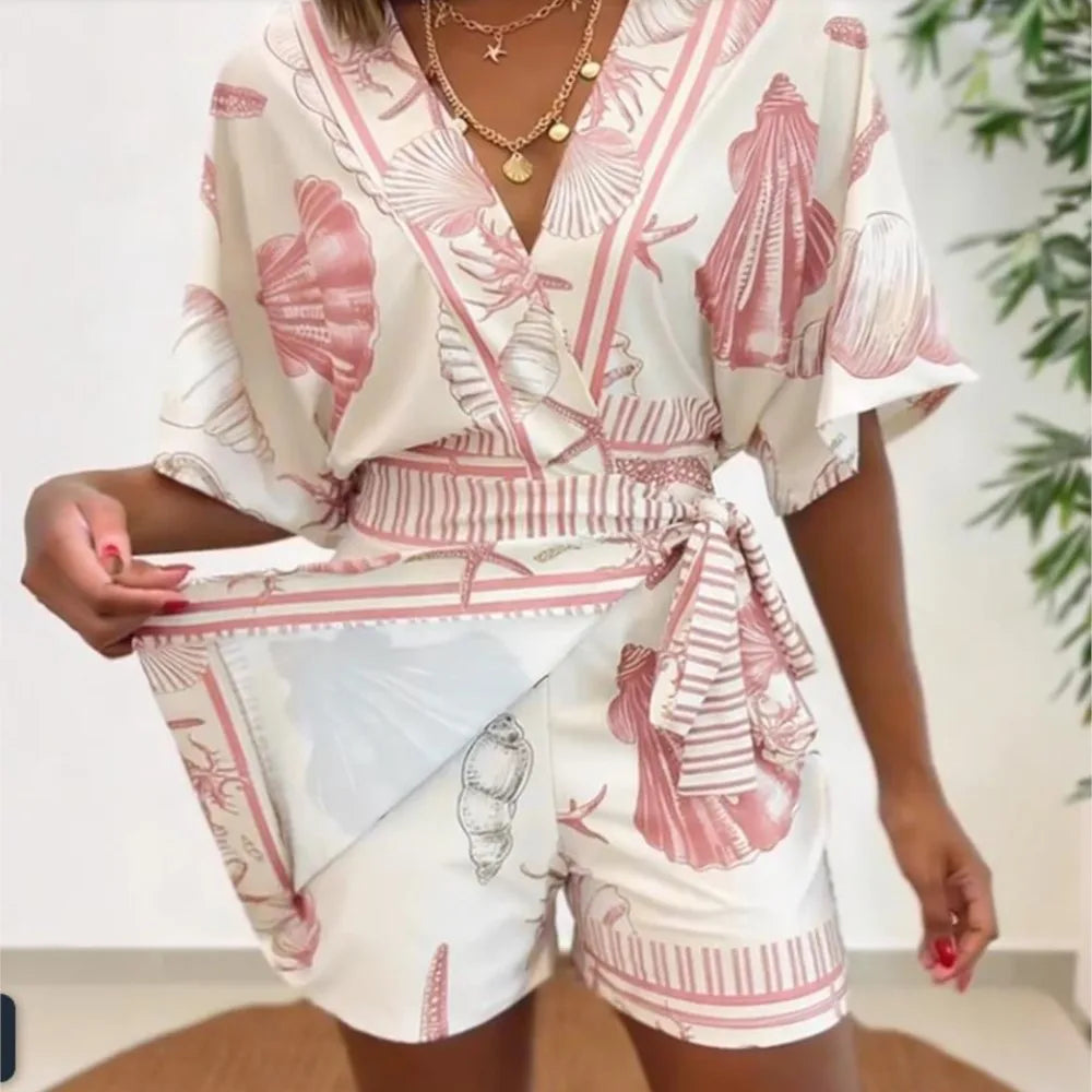 Seashell Starfish Print Wrap V Neck Short Sleeve Lace Up Romper for Women