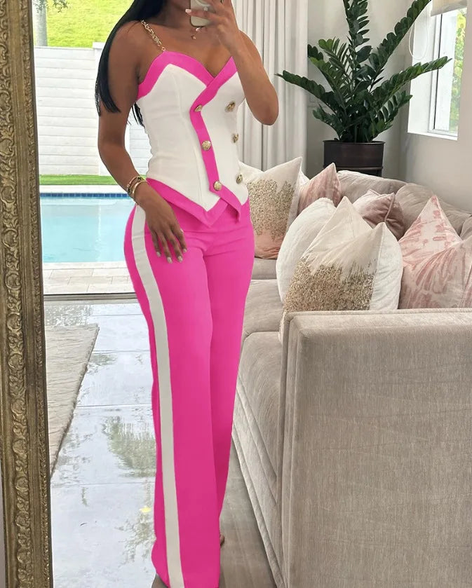 V-Neck Metal Suspender Top Two-Piece Set for Women