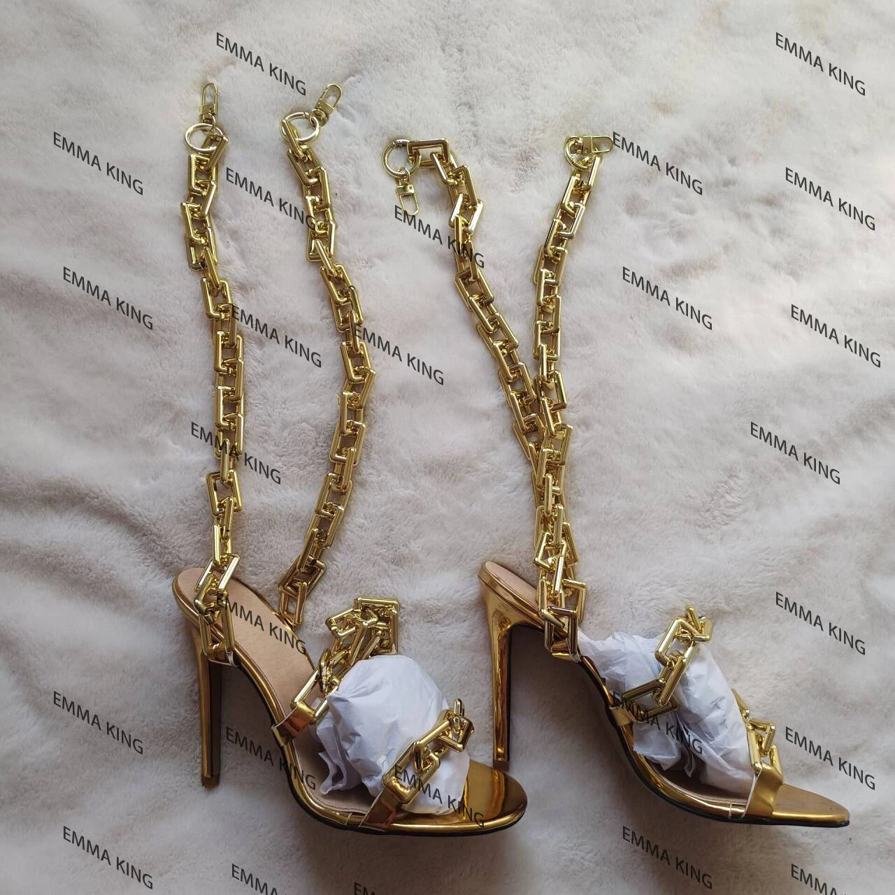 Patent Leather Twist Heel Chain Sandals