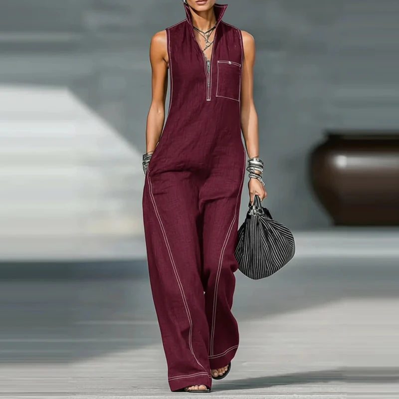 Stand Collar Pocket Sleeveless Wide Leg Jumpsuit for Women