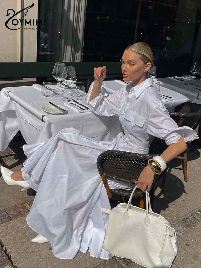 Oymimi Elegant White Lapel Women's Dress Fashion Three Quarter Sleeve Pockets Dresses Casual Button Pleated Ankle-Length Dresses